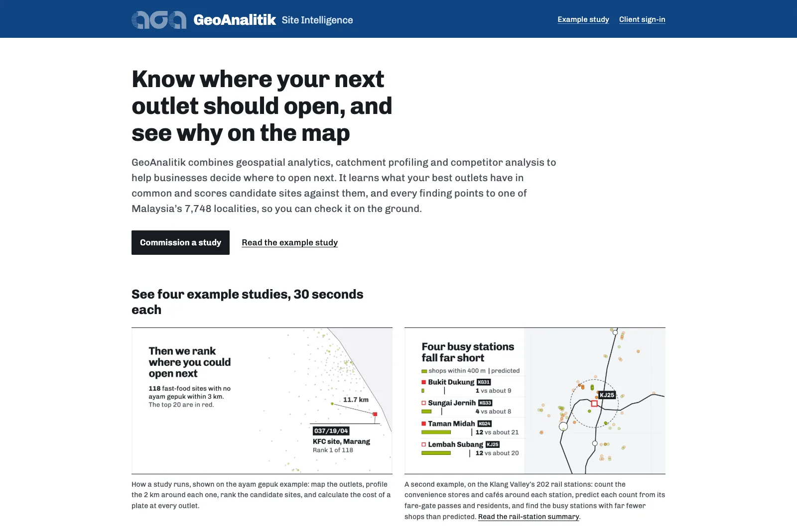 GeoAnalitik landing page: know where your next outlet should open, and see why on the map