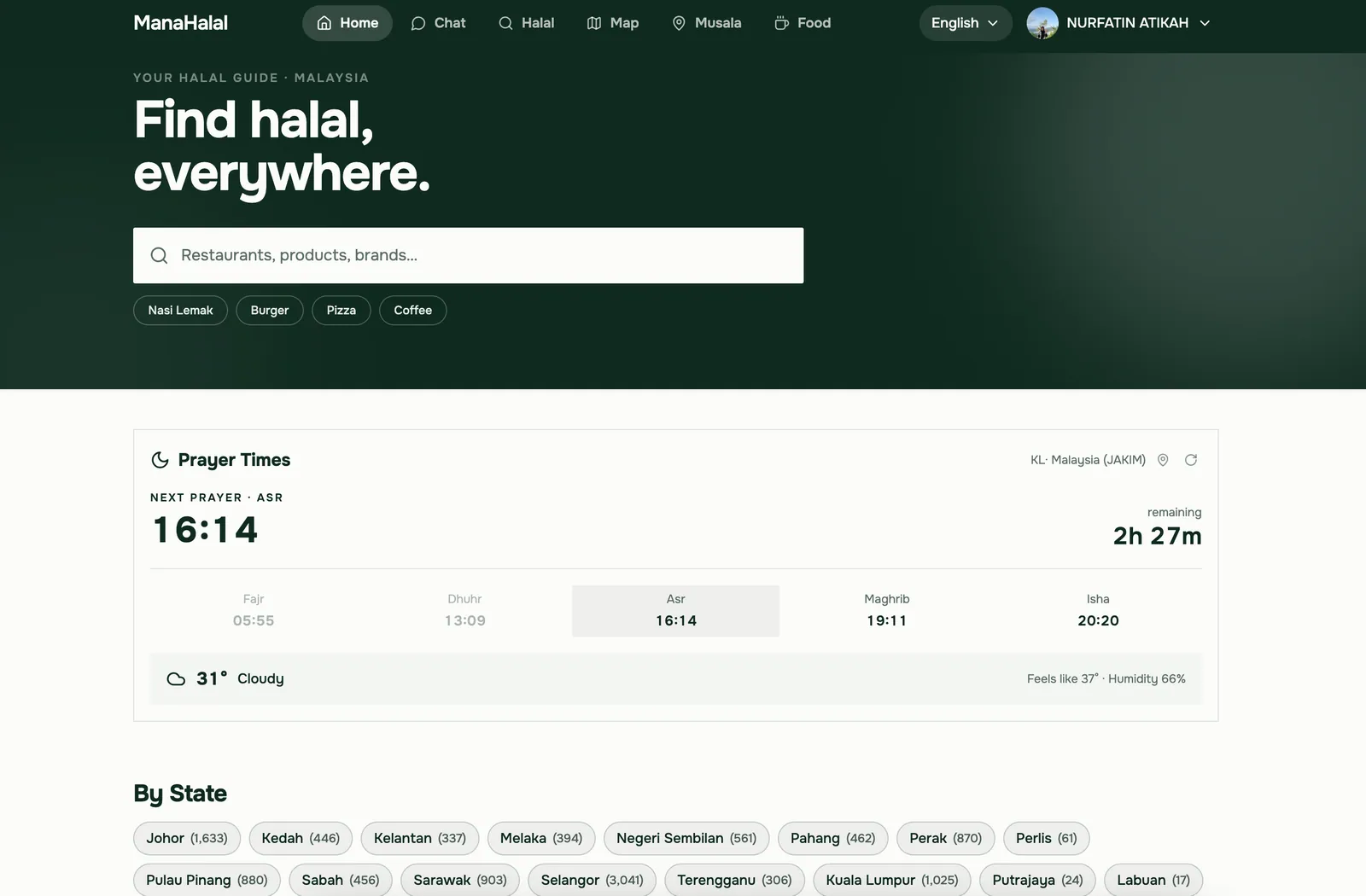 ManaHalal home: find halal restaurants, products and brands, with prayer times