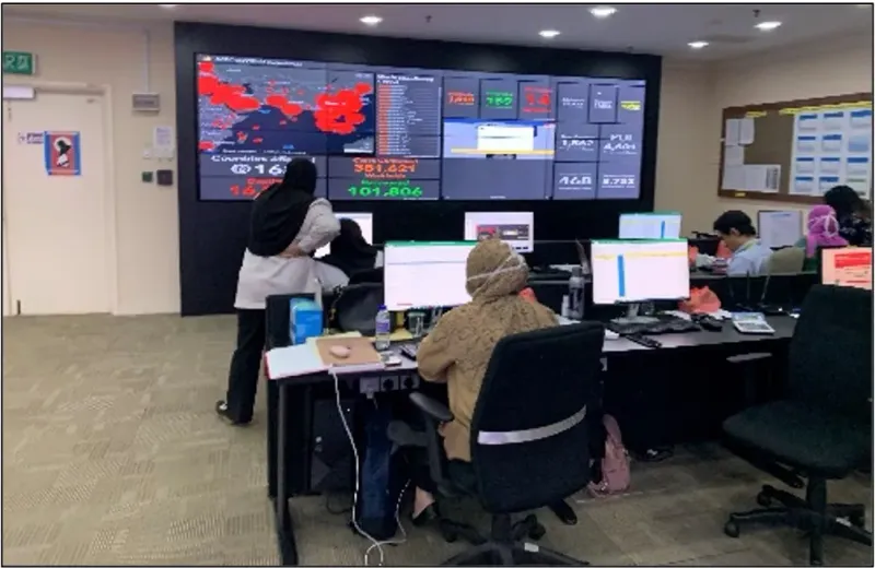 Operations war room with analysts working in front of a live monitoring video wall