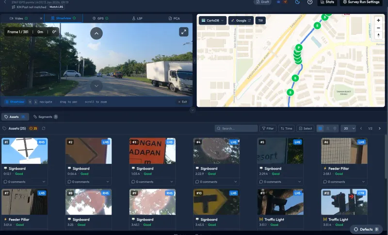 AI road survey application with street-level video, GPS map and detected road assets